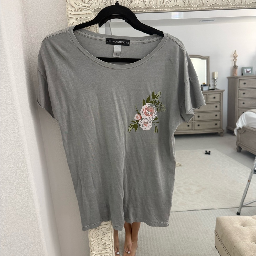 Vici Gray Tee with Pink Floral Pocket Accent